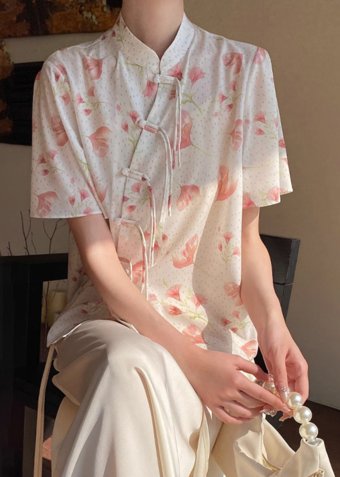 Chinese Style Beige Stand Collar Print Silk Shirt Summer WW013