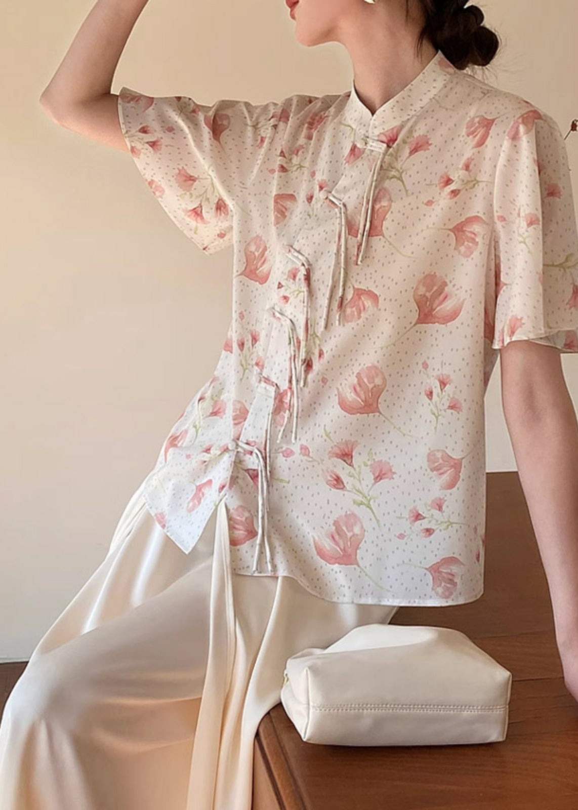 Chinese Style Beige Stand Collar Print Silk Shirt Summer WW013