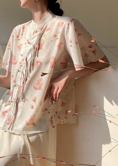 Chinese Style Beige Stand Collar Print Silk Shirt Summer WW013