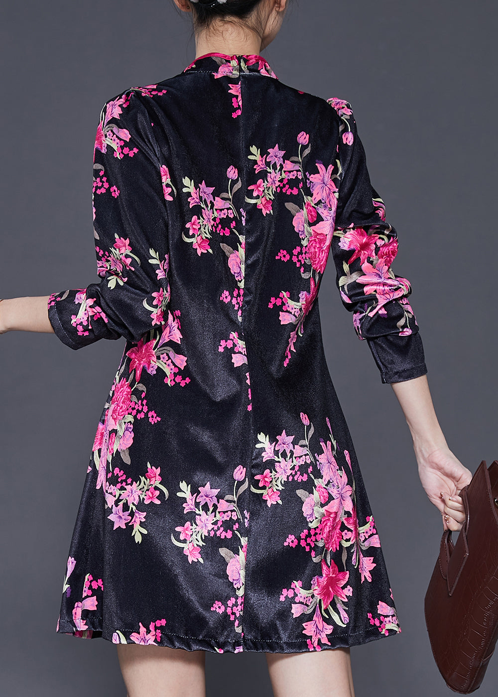Chinese Style Black Print Silk Velvet Mini Dresses Spring SD1101