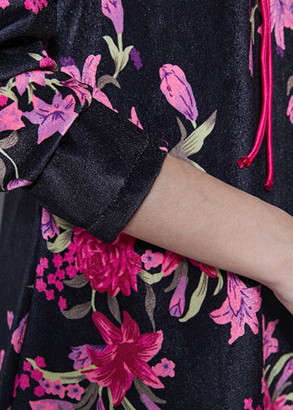 Chinese Style Black Print Silk Velvet Mini Dresses Spring SD1101