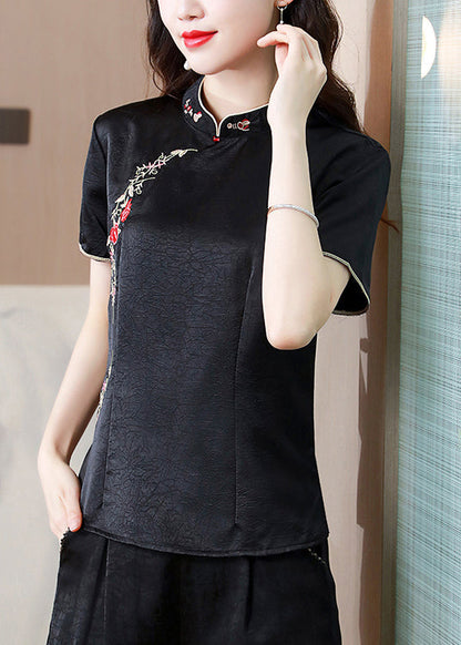 Chinese Style Black Stand Collar Embroidered Silk Top Summer BB033