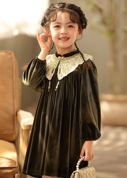 Chinese Style Black Stand Collar Embroideried Silk Velour Girls Mid Dresses Spring TV038