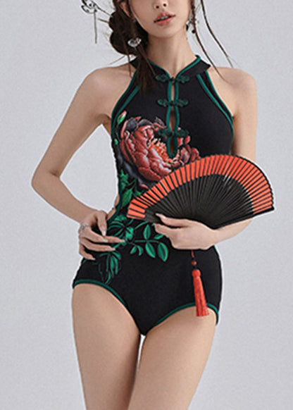 Style Butto Print Black Collar Chinese Bodysui Stand