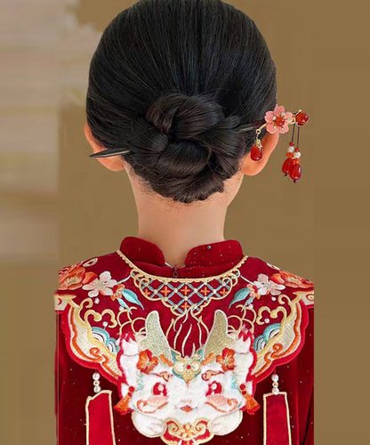 Style Hairpin Floral Woodiness Tassel Chinese Black Alloy