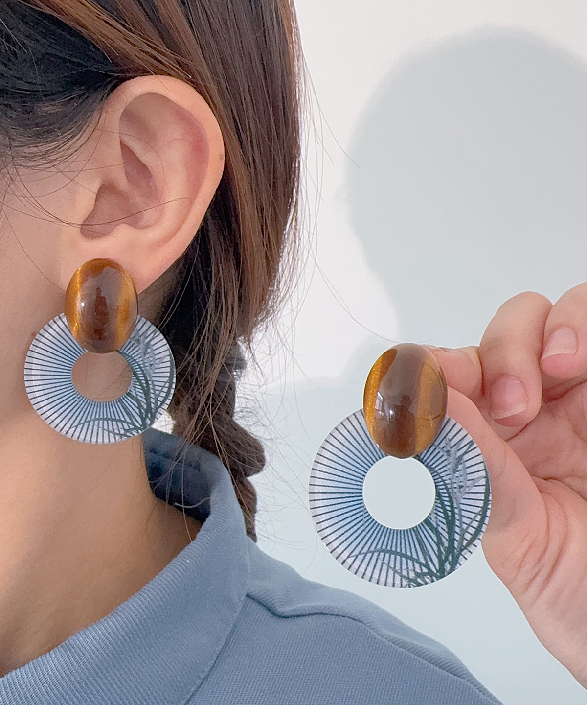 Blue Chinese Style Alloy Amber Earrings Hoop Acrylic