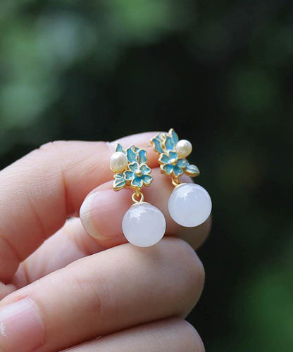Chinese Style Blue Ancient Gold Jade Pearl Floral Drop Earrings TX014
