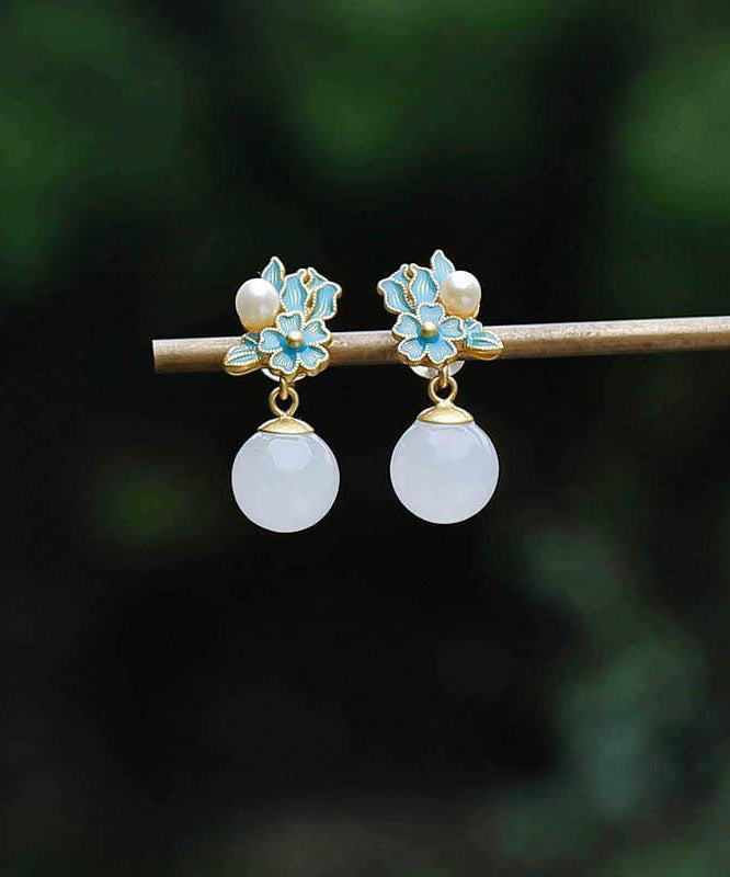 Chinese Style Blue Ancient Gold Jade Pearl Floral Drop Earrings TX014