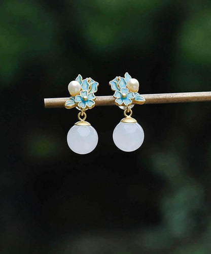 Chinese Style Blue Ancient Gold Jade Pearl Floral Drop Earrings TX014