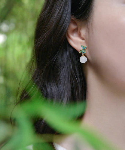 Chinese Style Blue Ancient Gold Jade Pearl Floral Drop Earrings TX014