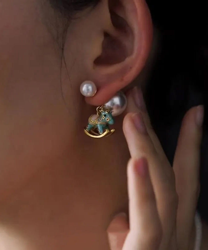 Blue Earrings Foal Stud Overgild Style Copper Pearl Chinese