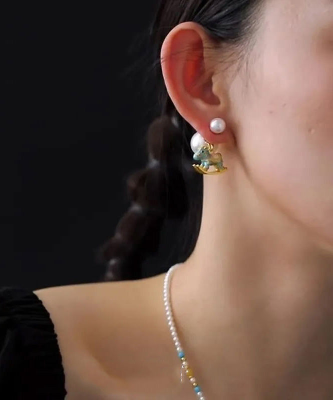 Blue Earrings Foal Stud Overgild Style Copper Pearl Chinese