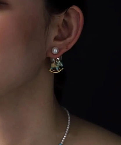 Blue Earrings Foal Stud Overgild Style Copper Pearl Chinese