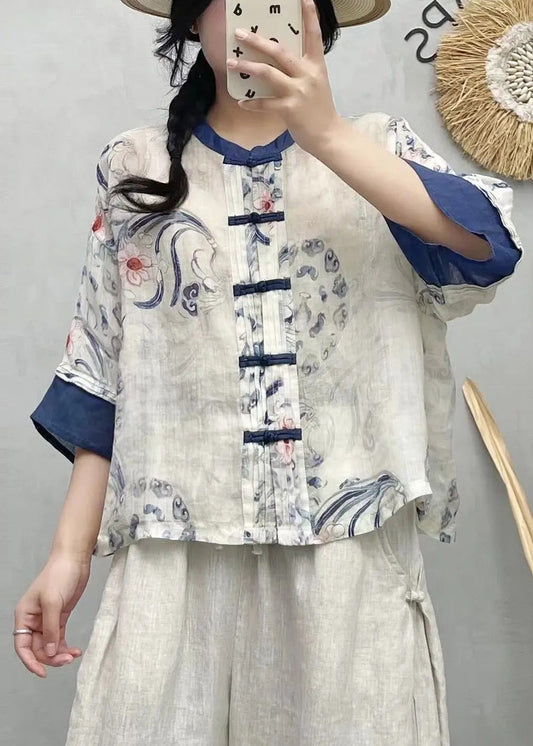 Shirts Summer Style Blue Chinese Linen Patchwork Print