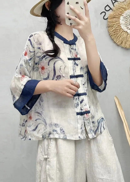 Shirts Summer Style Blue Chinese Linen Patchwork Print
