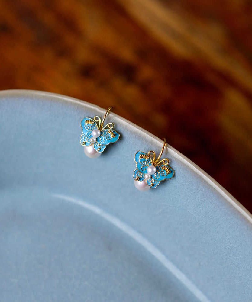 Style Chinese Overgild Silver Drop Butterfly Blue Srerling