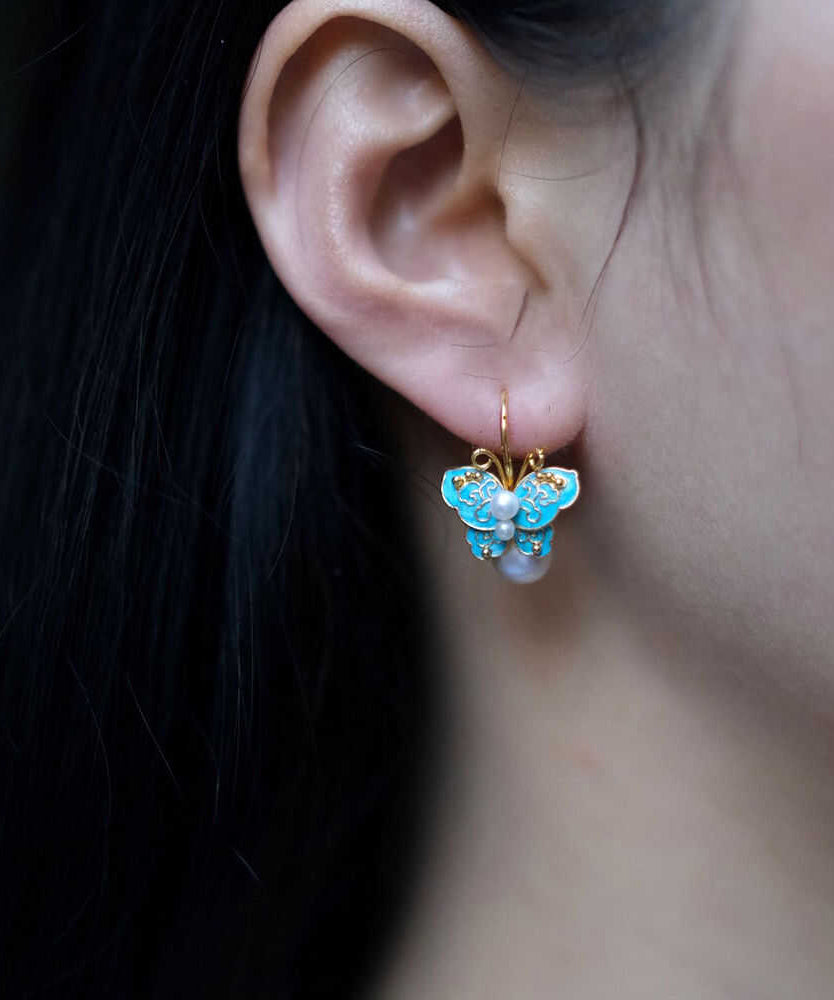 Style Chinese Overgild Silver Drop Butterfly Blue Srerling
