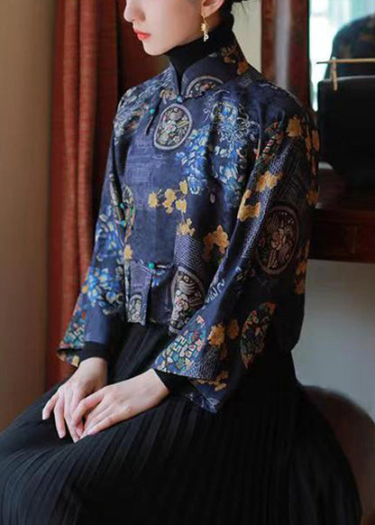 Chinese Style Blue Stand Collar Print Silk Shirts Spring YW038