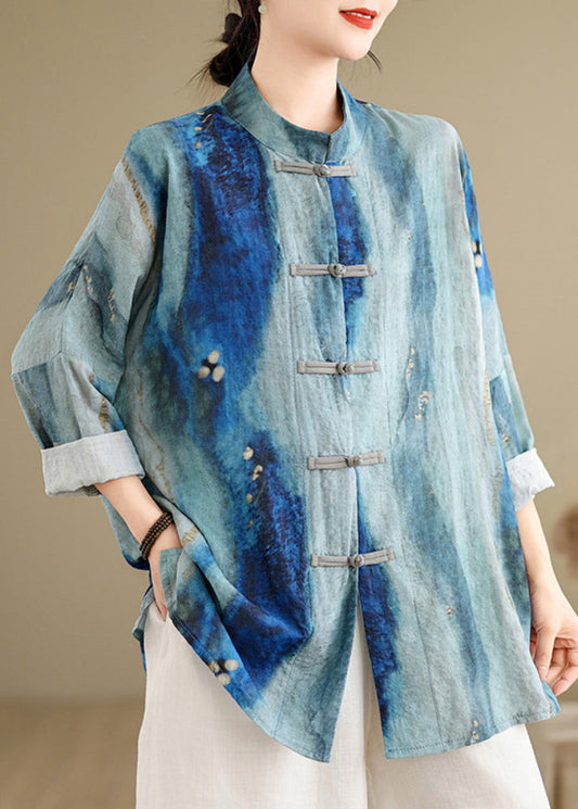 Chinese Style Blue Stand Collar Tie Dye Shirt Long Sleeve VV068
