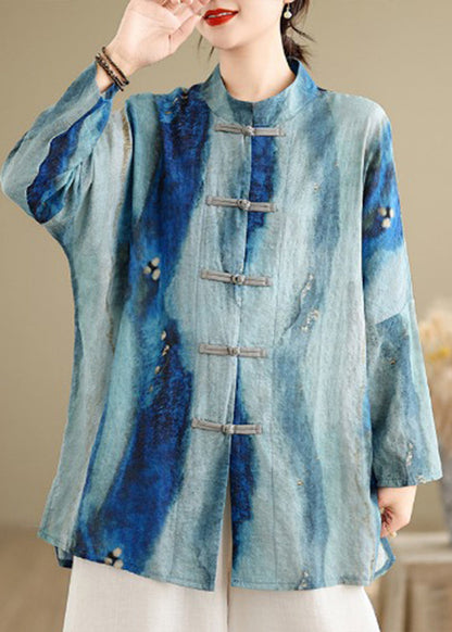 Chinese Style Blue Stand Collar Tie Dye Shirt Long Sleeve VV068