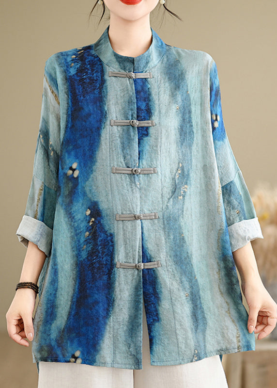 Chinese Style Blue Stand Collar Tie Dye Shirt Long Sleeve VV068