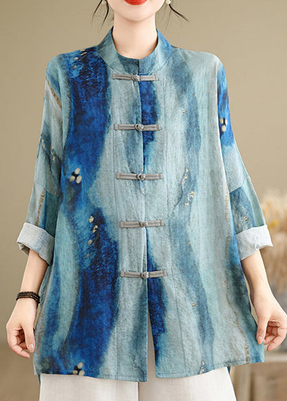 Chinese Style Blue Stand Collar Tie Dye Shirt Long Sleeve VV068