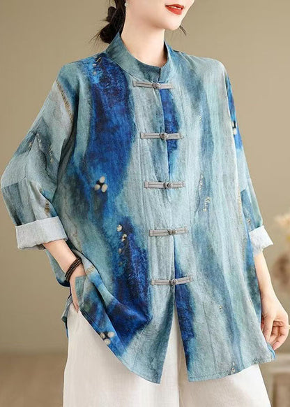 Chinese Style Blue Tie Dye Oriental Button Cotton Shirts Spring TJ013