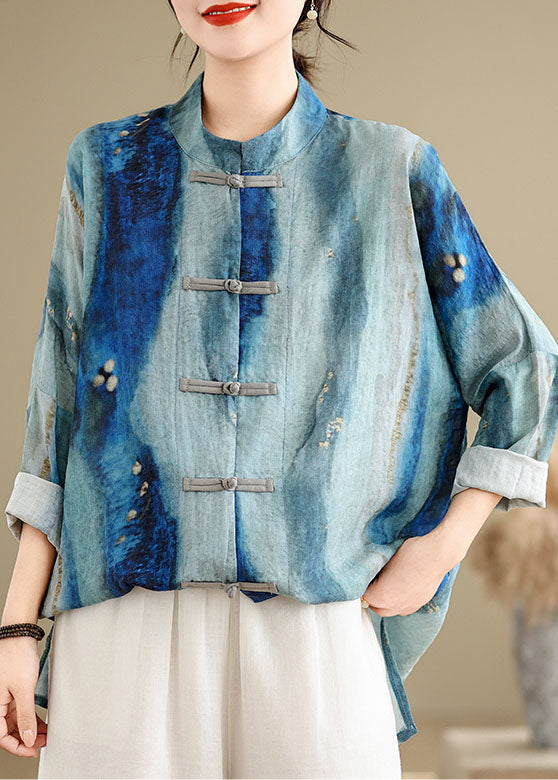 Chinese Style Blue Tie Dye Oriental Button Cotton Shirts Spring TJ013