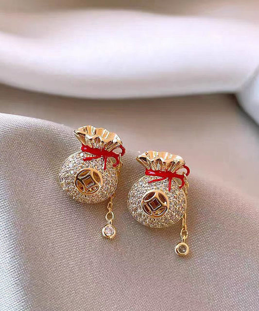 Chinese Style Copper 14K Gold Zircon Blessing Bag Tassel Stud Earrings EY010