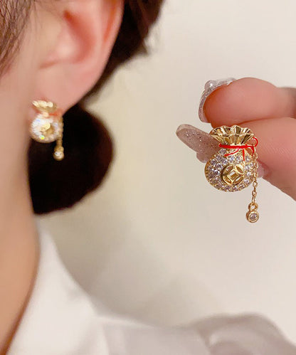 Chinese Style Copper 14K Gold Zircon Blessing Bag Tassel Stud Earrings EY010