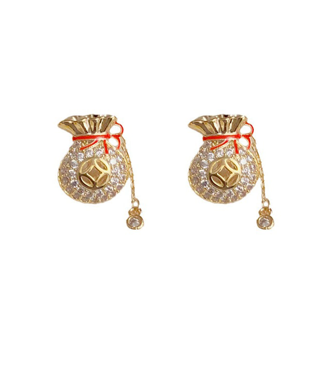 Chinese Style Copper 14K Gold Zircon Blessing Bag Tassel Stud Earrings EY010