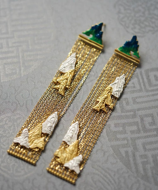 Chinese Style Gold Sterling Silver Overgild Enamel Chain Tassel Drop Earrings II001