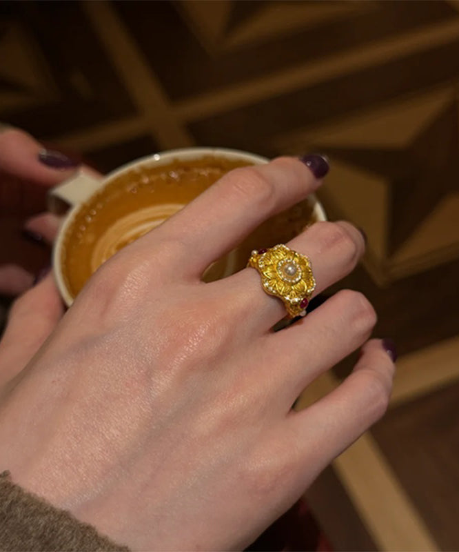 Chinese Overgild Pearl Rings Stone Style Sterling Gold Gem Silver