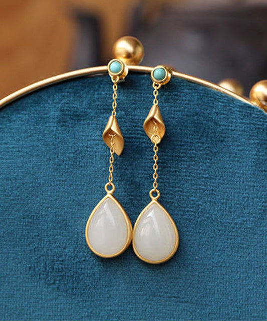 Chinese Style Gold Sterling Silver Overgild Turquoise Jade Water Drop Drop Earrings TX043