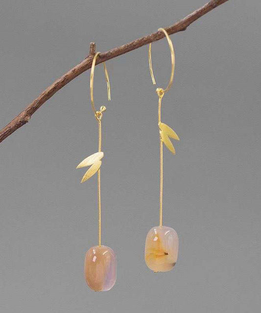 Chinese Style Gold Sterling Silver Overgild Water Drop Bamboo Leaf Drop Earrings AC1066