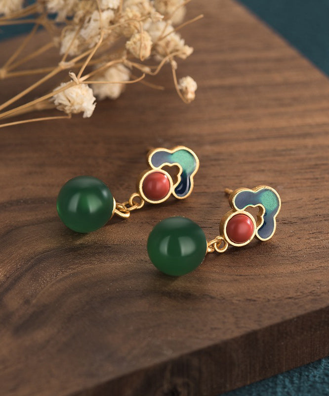 Style Gold Earrings Green Chalcedony Ancient Chinese Drop