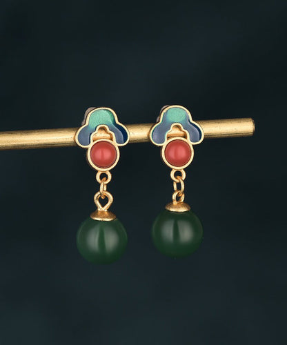 Style Gold Earrings Green Chalcedony Ancient Chinese Drop