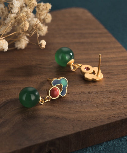 Style Gold Earrings Green Chalcedony Ancient Chinese Drop