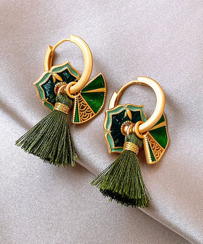 Chinese Style Green Copper Alloy Tassel Hoop Earrings YZ014