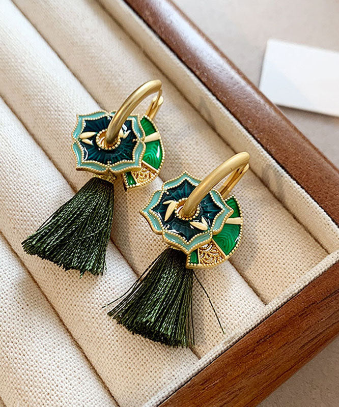 Chinese Style Green Copper Alloy Tassel Hoop Earrings YZ014