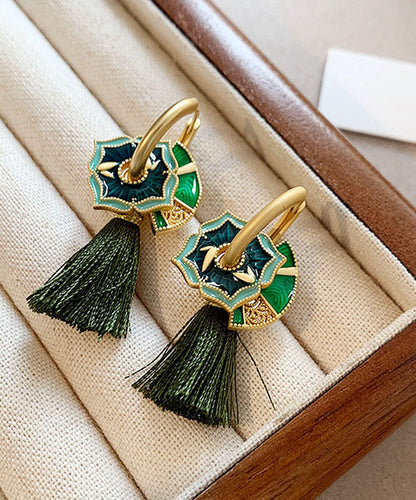 Chinese Style Green Copper Alloy Tassel Hoop Earrings YZ014
