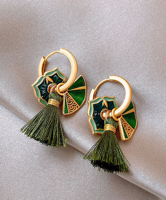 Chinese Style Green Copper Alloy Tassel Hoop Earrings YZ014