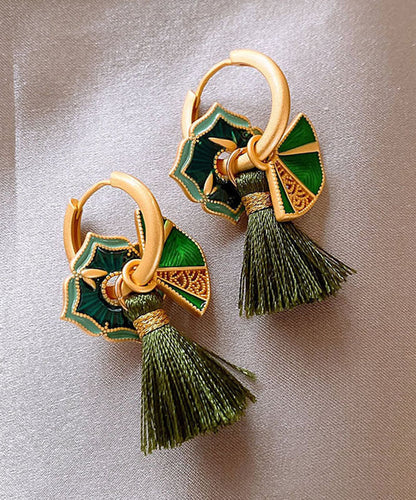Chinese Style Green Copper Alloy Tassel Hoop Earrings YZ014