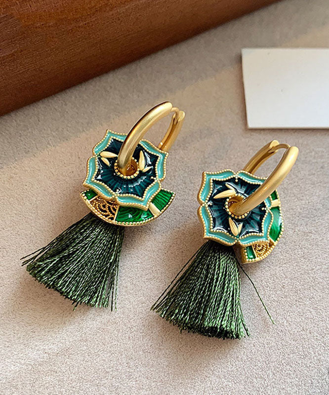 Chinese Style Green Copper Alloy Tassel Hoop Earrings YZ014