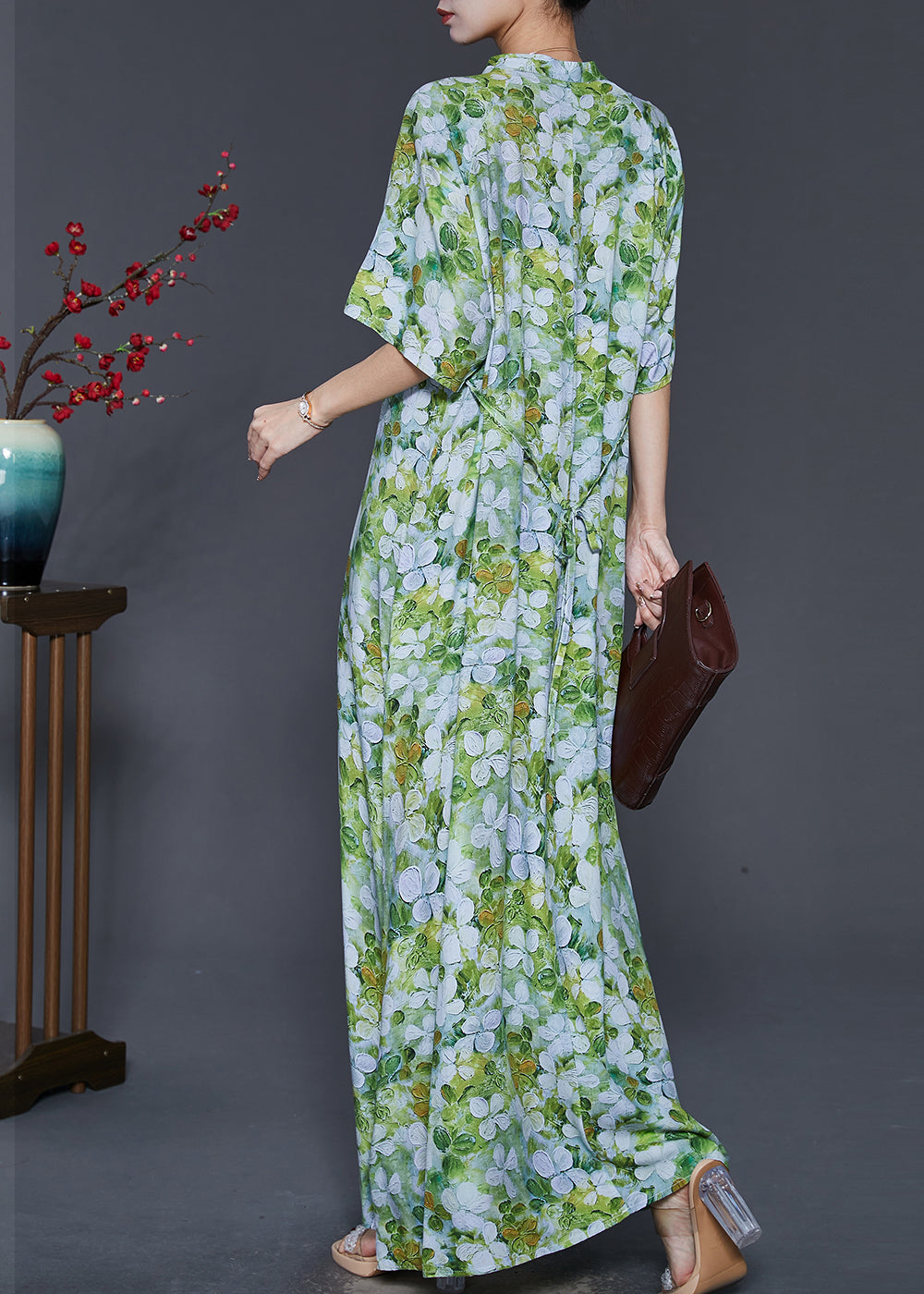 Chinese Style Green Print Cotton Cheongsam Dresses Summer SD1083