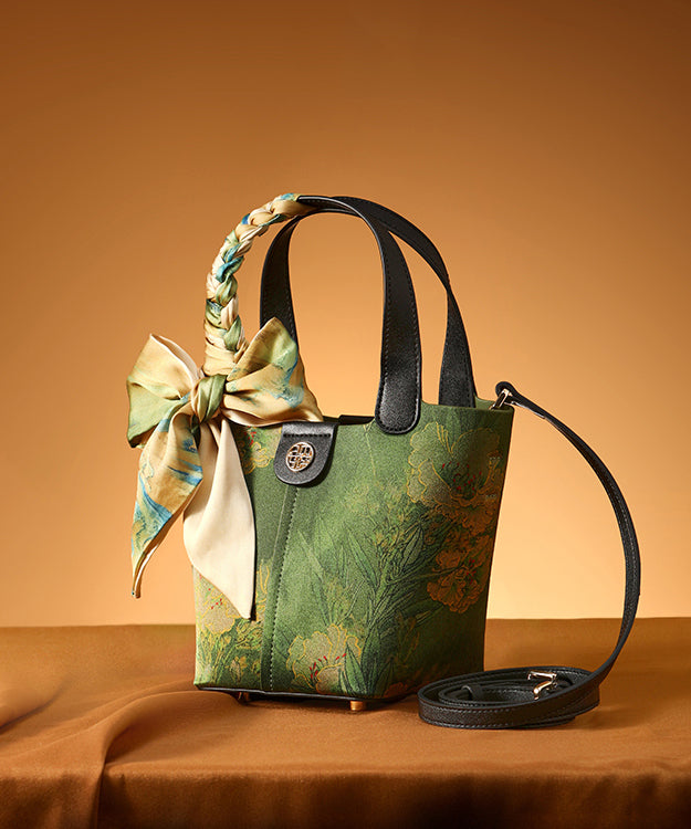 Handbag Chinese Silk Green Versatile Tote Style Print
