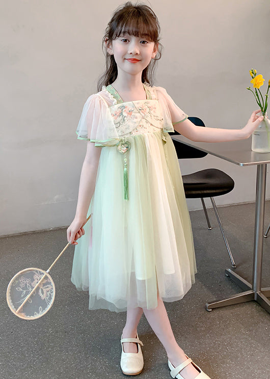 Chinese Style Green Tasseled Embroideried Tulle Girls Long Dress Summer TT030