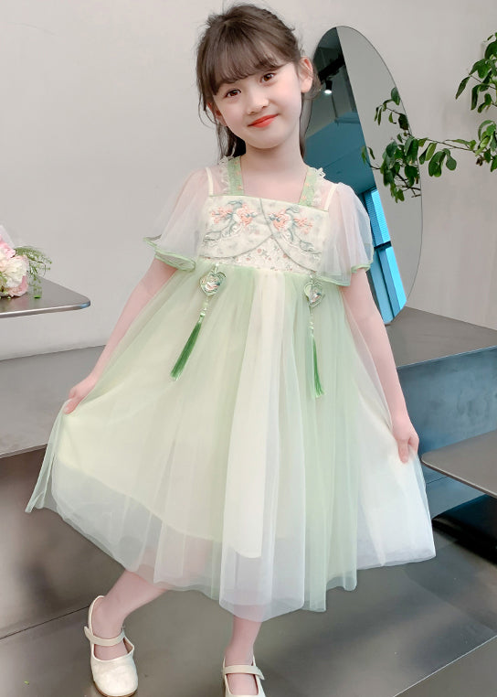 Chinese Style Green Tasseled Embroideried Tulle Girls Long Dress Summer TT030