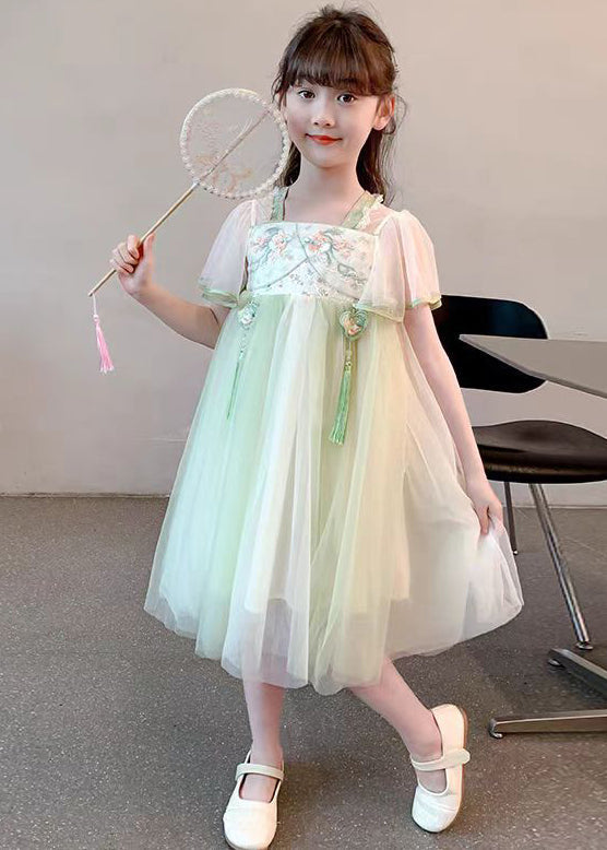 Chinese Style Green Tasseled Embroideried Tulle Girls Long Dress Summer TT030