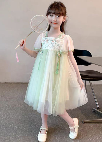 Chinese Style Green Tasseled Embroideried Tulle Girls Long Dress Summer TT030